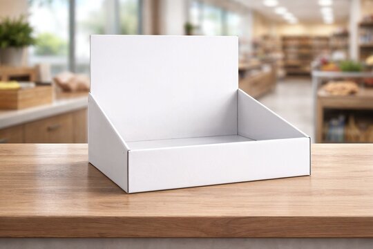 Blank White Cardboard Counter Display Unit Mockup on Wooden Retail Table - 3D Render