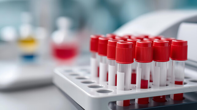 Tubes prepared in lab centrifuge machine for blood and urine analysis, automate analyzer sample tray, testing hematology laboratory rack of labeled flasks, defocused equipment back