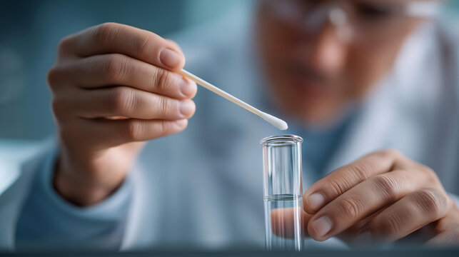 Scientist in lab collecting DNA sample in test tube with cotton swab, genetic testing procedure, forensic analysis technique, biological specimen gathering, molecular research meth
