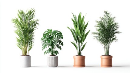 Fototapeta premium Collection of four diverse potted houseplants arranged on a clean white background