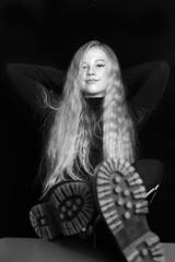 Edgy Preteen Girl in Combat Boots - Black and White Portrait