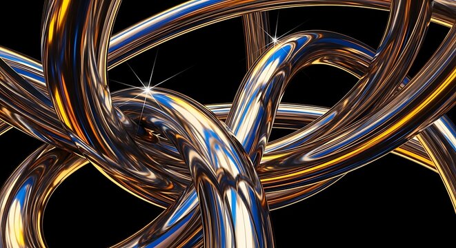 Intricate metallic loops intertwine in a dynamic dance against a sleek black backdrop, evoking a sense of modernity and innovation. The shimmering gold and blue hues create a luxurious and professiona