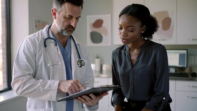 Healthcare professionals collaborate at workstation: doctor and nurse cross-check treatment plan on tablet; modern clinic interior; for hospital HR, team training, or accreditation documentation.