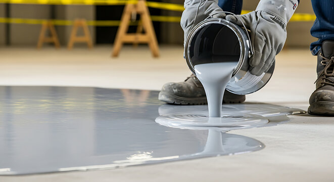worker pouring liquid material Page  on the floor from Page Page boot in a Page construction hall from Page  viewpoint