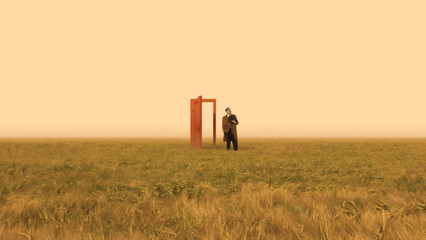 Conceptual poster man stepping through open door in field. Concept of life transition, new opportunity, personal change, motivational branding, career coaching visuals and symbolic advertising. © master1305