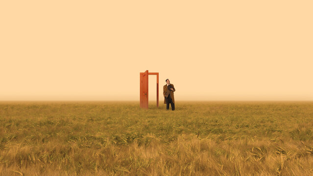 Conceptual poster man stepping through open door in field. Concept of life transition, new opportunity, personal change, motivational branding, career coaching visuals and symbolic advertising.