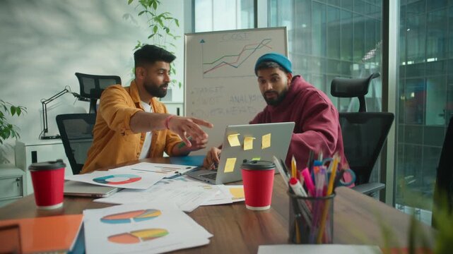Two informal Indian businessmen Arabian business men co-workers males discussing project strategy in modern coworking office pointing at whiteboard graph looking in laptop creative startup teamwork