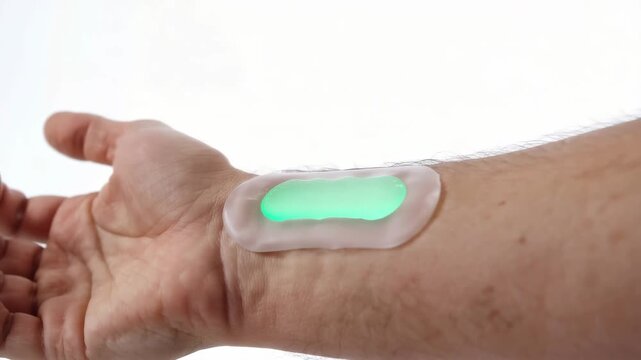 Futuristic smart bandage with glowing green bio-sensor on male arm, innovation in healthcare and remote patient monitoring, photorealistic 3D medical technology.