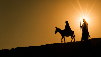 Silhouette of a woman riding a donkey and a man walking beside it at sunset. Biblical journey or desert travel concept for religious themes.