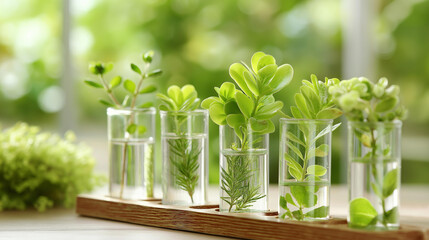 Test tubes with fresh plants as decorative background, science cosmetic laboratory concept, botanical specimen display, natural ingredient research, herbal testing arrangement, def