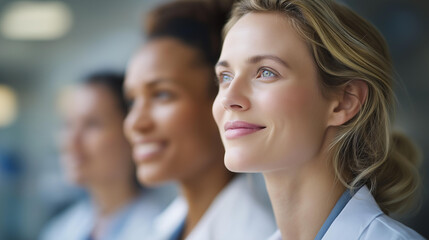 Fototapeta premium More women in medical industry representation, female healthcare professionals, gender equality in science, diverse laboratory workforce, medical research inclusivity, defocused pr