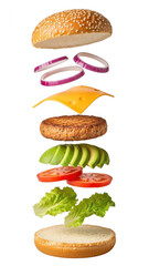 Exploded view of gourmet burger ingredients isolated on transparent background