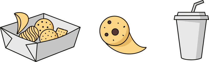 Assortment of cookies and a drink in a simple flat design style