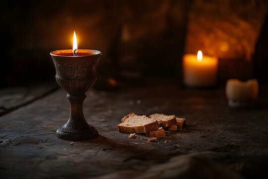 Lit candle in vintage chalice with bread crumbs. Sacred ritual concept. Holy communion and spiritual ceremony.