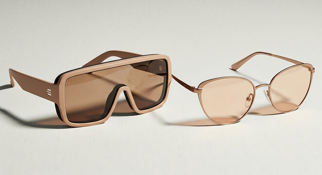 Fashionable eyewear displayed on a clean surface, showcasing stylish shades from varied viewpoints.