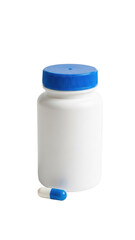 White pill bottle with blue cap isolated on transparent background