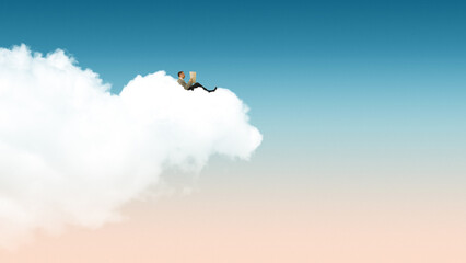 Surreal artwork businessman reading document while sitting on cloud. Concept of remote thinking, strategic vision, creative business ideas, modern work culture and imagination driven productivity.