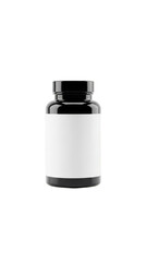 Black glass supplement bottle with white label isolated on transparent background