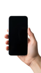 Hand holding smartphone isolated on transparent background