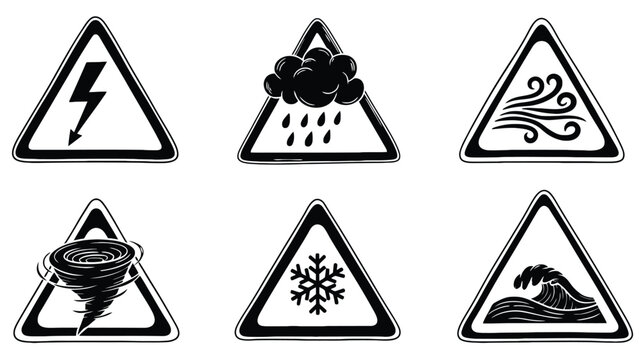 Weather warning signs vector illustration set for safety and alert