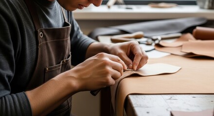 A person skillfully working with leather in a workshop environment.