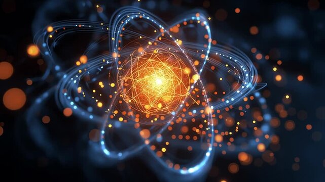 Abstract visualization of atomic nucleus with glowing particles and electron orbits symbolizing nuclear energy, physics research, and advanced scientific technology.