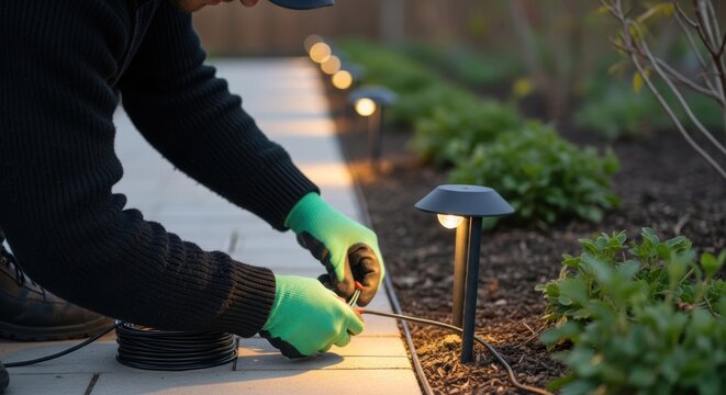 A person installing outdoor lighting in a garden pathway at dusk