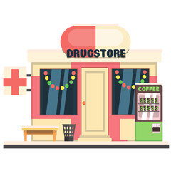Drugstore Front in Christmas. Vector Illustration