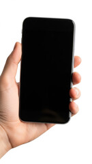 Hand holding smartphone isolated on transparent background