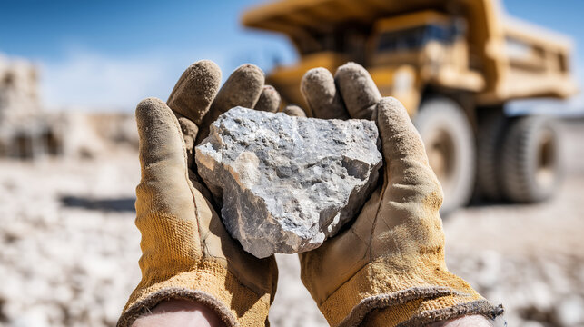 Extreme close-up of faceless hands in heavy-duty work gloves holding a rough chunk of raw lithium ore, Rare Earths Mining, focus on the mineral's crystalline texture and the dirt-s