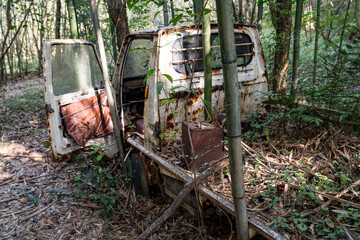 竹林に放置された錆びた軽トラックの廃車風景