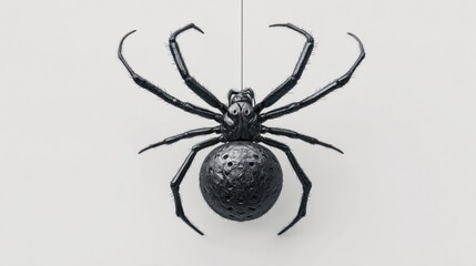 Obraz premium A realistic black spider with eight legs hangs suspended by a thin thread against a white background
