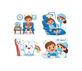 story sequence of dentist visit waiting room big chair toothbrush sticker gentle dental routine for kids clean shapes. colored flat icon vector illustration
