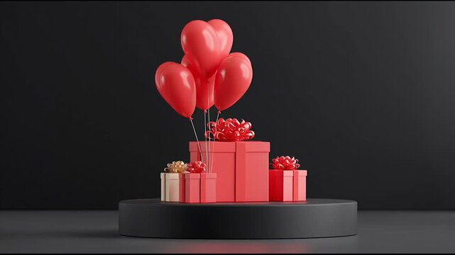 Bright red balloons float above a display of gift boxes on a round platform. The boxes are designed with ribbons and bows. The arrangement sets a festive mood for a celebration or special event. Ideal