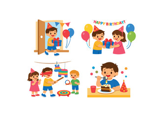 Fototapeta premium picture sequence child entering birthday party room giving gift playing games eating cake simple party expectations clean shapes. colored flat icon vector illustration