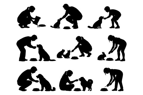 Silhouettes of people feeding pets: dogs, cats, rabbits interacting with humans.