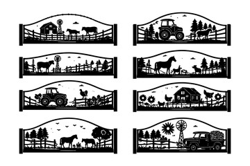 Rustic farm scenes with animals and tractors in black silhouette panels.