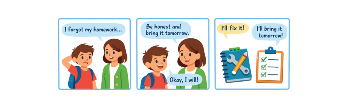 three frame story child forgetting homework telling teacher honestly plan to bring tomorrow repair and plan script clean shapes. colored flat icon vector illustration