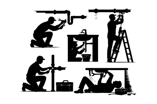 Silhouettes of plumbers at work with tools and pipes.