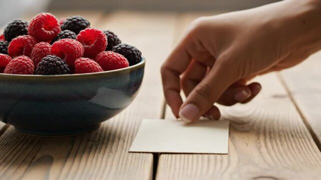 Hand placing a blank card next to a bowl of fresh raspberries and blackberries on a wooden surface