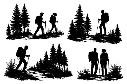 Silhouettes of hikers: nature exploration and hiking adventure.