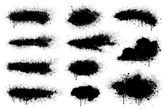 Set of twelve black grunge vector splatter paint drip elements.