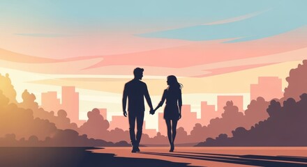 Fototapeta premium Romantic everyday scene, couple walking in city park at sunset, soft golden light