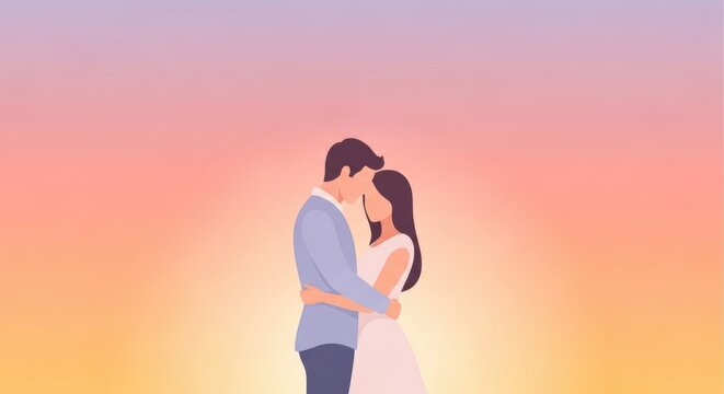 Minimalist romantic illustration of a couple standing close together, soft warm sunset gradient background