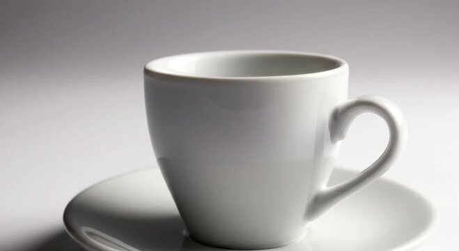 White ceramic coffee cup and saucer on plain grey background