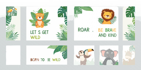 Naklejka premium Baby animal themed nursery art prints with tropical foliage designs