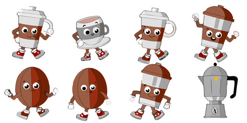 Fototapeta premium Animated coffee cups beans and a pot with playful cartoon faces