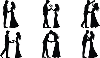 Romantic couple silhouettes in love moments, dancing, gifting flowers, wedding and relationship concept, black and white vector illustration