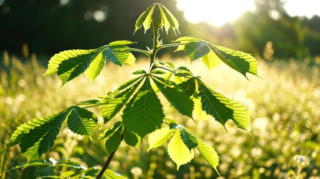 Sunlit horse chestnut sapling showcasing vibrant green leaves on a bright summer day with blurred meadow background