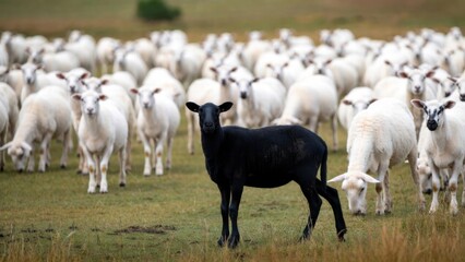 Fototapeta premium Black sheep stands out in flock of white sheep grazing in pasture.